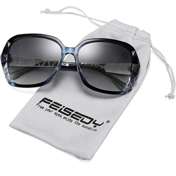 Women's Blue Crystal Square Sunglasses Sparkling Composite Shiny Frame Design - Picture 7 of 8